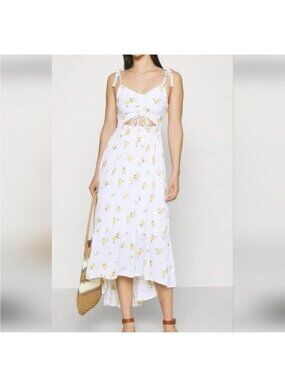 White Floral Tie-Front Midi Dress